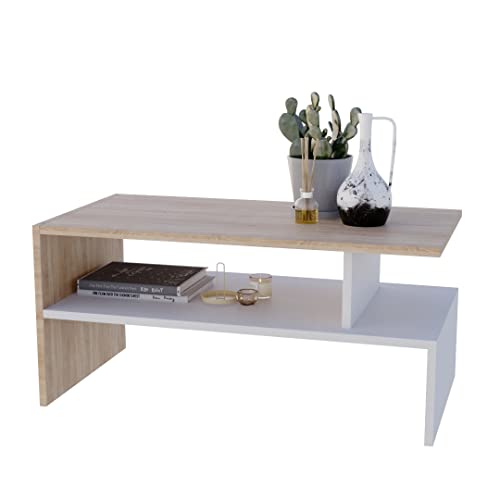 AKKE Jula Couchtisch für Wohnzimmer Beistelltisch Wohnzimmertisch Modern Sofatisch Kaffeetisch Deko Möbel für Wohnzimmer Wohnzimmertische Couchtische Eiche Weiße Beine 93x45x50cm von AKKE