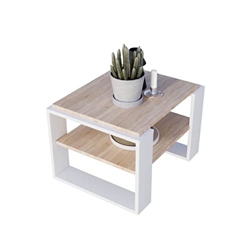 AKKE Kaja Couchtisch für Wohnzimmer Beistelltisch Wohnzimmertisch Modern Sofatisch Kaffeetisch Deko Möbel für Wohnzimmer Wohnzimmertische Couchtische Eiche Mit Weißen Beinen 63x44x54 cm von AKKE