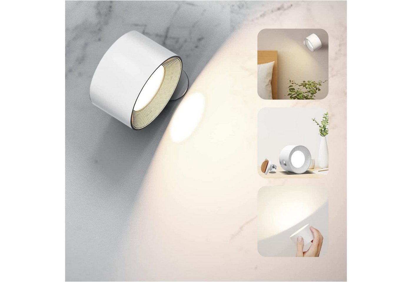 AKKEE LED Leselampe Wandleuchte Innen, Wandlampe mit USB-Ladeanschluss zur Wandmontage, 3 Farbmodi 3 Helligkeitsstufen Wiederaufladbare und Dimmbare, LED fest integriert, Warmweiß, 360° drehbare Touch Control Wandlampen Kabellose Wandleuchten von AKKEE