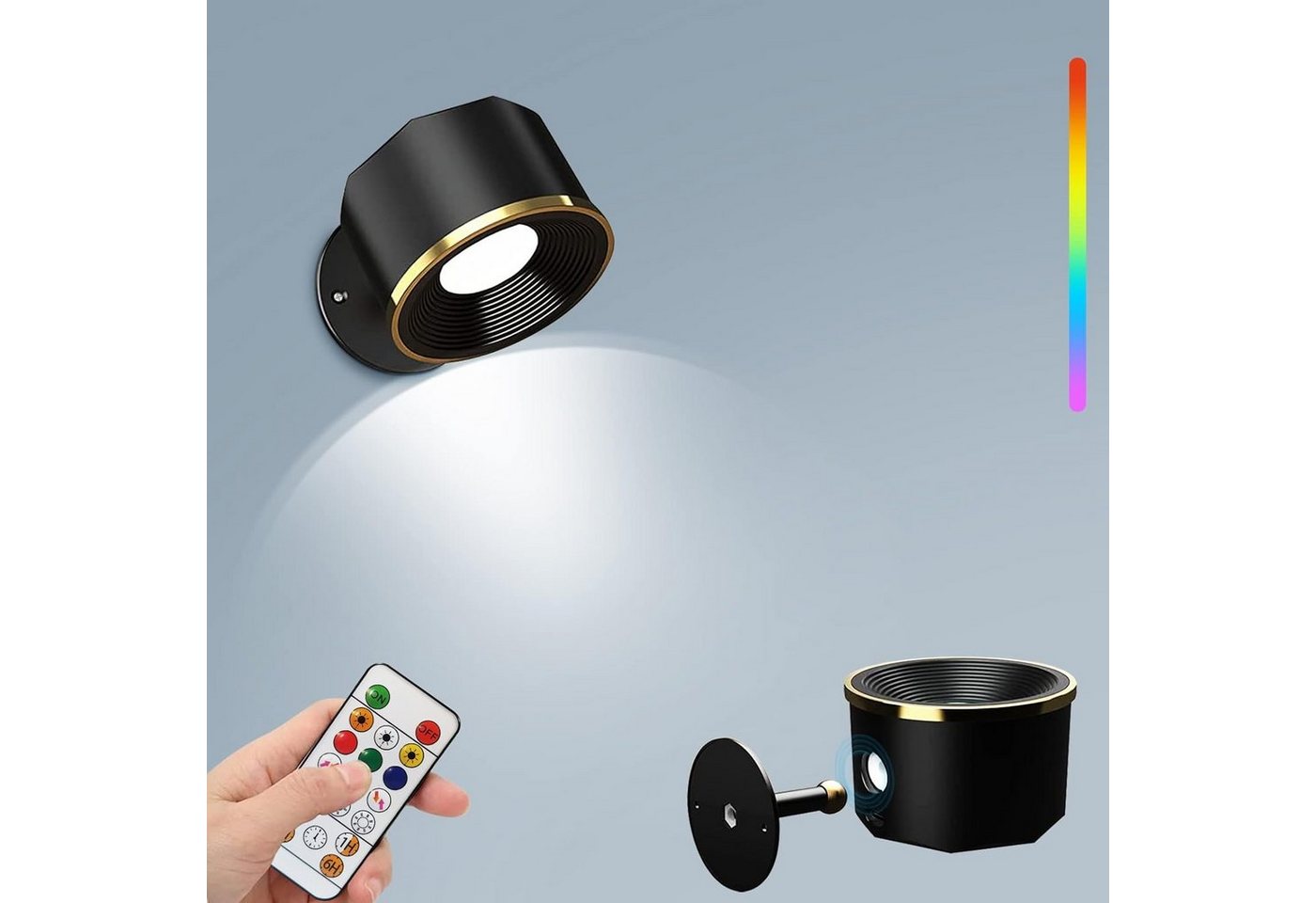 AKKEE LED Wandleuchte LED Wandleuchte Innen Batteriebetrieben Kabellose Dimmbar, Touch-Steuerung,Timing-Funktion, LED fest integriert, Warmweiß, 360° drehbare RGB-Leuchten für Schlafzimmer, Kabellose Wandleuchten von AKKEE