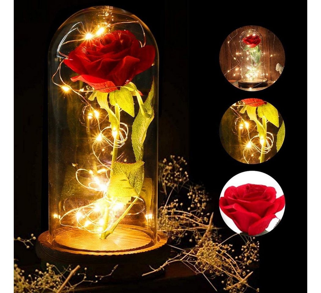 Kunstblume Ewige Rose im Glas mit Licht, AKKEE, Höhe 21.8 cm, Rosen Geschenke für Frauen für Valentinstag, Muttertag, Jahrestag von AKKEE