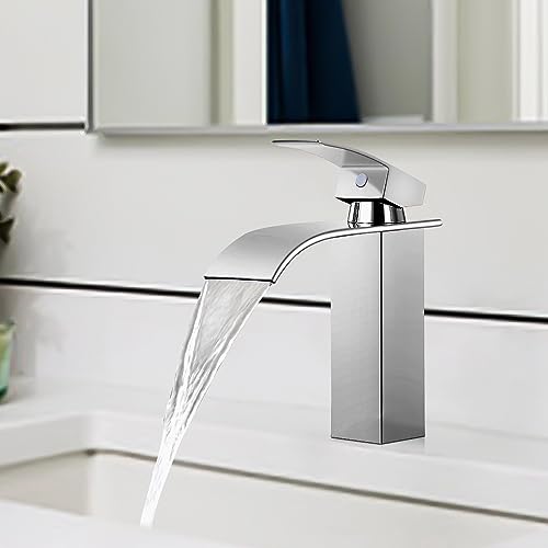 AKLFGN Wasserfall Wasserhahn Bad, Wasserfall Edelstahl Waschtischarmatur mit Auslauf Höhe 111 mm, Mischbatterie Waschbecken für Heißes und kaltes Wasser，Modern(Chrom) von AKLFGN