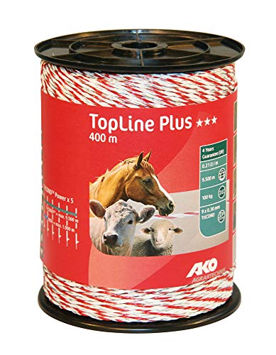 AKO Topline Plus Weidezaunlitze, 3 mm, weiß/rot - 400 m - Widerstand: 0,21 Ohm, Gute Leitfähigkeit für alle Zäune - praktische Großrolle - 9X TriCOND Leiter von AKO