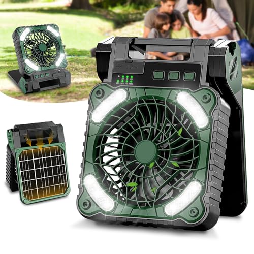AKOFIC Camping Ventilator mit Akku 10400mAh, Solar Ventilator Outdoor mit LED-Licht, 4 Geschwindigkeiten Tragbarer Tischventilator Leise, Wiederaufladbarer Zelt Ventilator für Camping Reisen Angeln von AKOFIC
