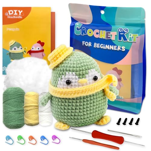 AKOFIC Häkelset Tiere für Anfänger, Grüner Pinguin Stricken Set, Komplette Crochet Set, Häkel Starter Kit für Erwachsene Kinder mit Anleitung und Video-Tutorials, Kreativ Bastelset Geschenke von AKOFIC