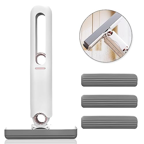 AKOFIC Portable Mini Mop, Hand Waschbarer Desktop Reinigungs Mini Mopp, Wischmopp mit Auswringfunktion, Haushalt Cleaning Gadgets für Fenster Boden Wand Tile Auto (Quetschgriff & 3 Schwamm Moppkopf) von AKOFIC