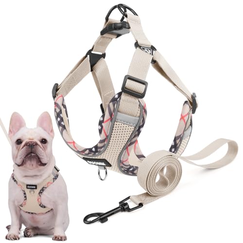 Hundegeschirr für Kleine Mittelgroße Hunde, Anti Zug Reflektierend Welpengeschirr mit Leine, Verstellbar Air Mesh Atmungsaktiv Brustgeschirr für Hunde Gassigehen, Training und Reisen (Beige, XL) von AKOFIC