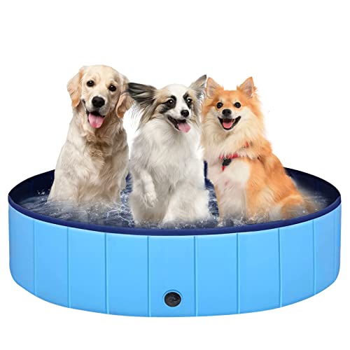 AKOFIC Hundepool, Faltbares Planschbecken, Tragbare Planschbecken mit Wasserablassventil für Haustier, Faltbare Hunde Katzen Bad Wanne Badewanne Waschbad, 80x20cm (Blau) von AKOFIC