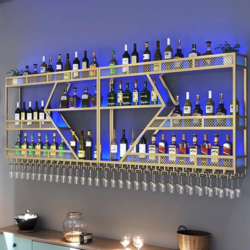 AKOGG Industrielles Weinregal Wand,Flaschenregal,Großes Bar-Weinregal Metall Mit LED-Leuchten,Weinflaschenhalter,Weinhalter,Wine Rack,Weinständer,Barregal Für Weinkeller,Küche(3-Layer Gold,300cm) von AKOGG