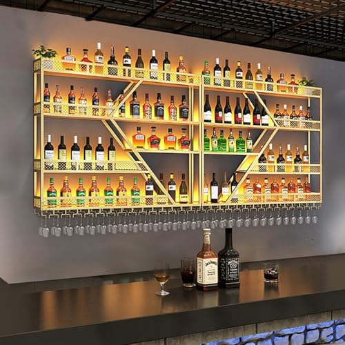 AKOGG Industrielles Weinregal Wand,Flaschenregal,Großes Bar-Weinregal Metall Mit LED-Leuchten,Weinflaschenhalter,Weinhalter,Wine Rack,Weinständer,Barregal Für Weinkeller,Küche(4-Layer Gold,180cm) von AKOGG