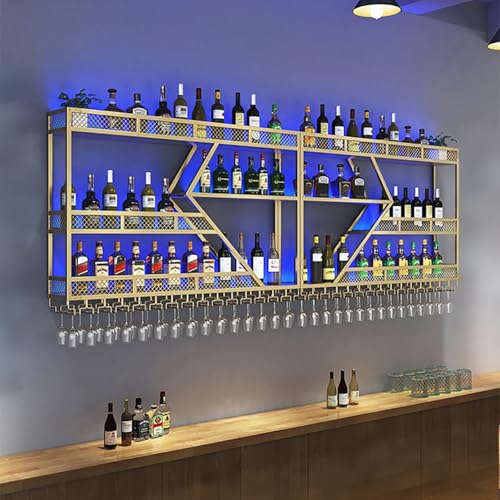 AKOGG Metall Weinregal Zur Wandmontage Mit LED-Licht,Flaschenregal Mit Glashalter,Weinflaschenhalter Mit Weinglashalter,Großes Bar Regal Wand,Weinregale Hängend(3-Layer Gold,240 * 20 * 86cm) von AKOGG