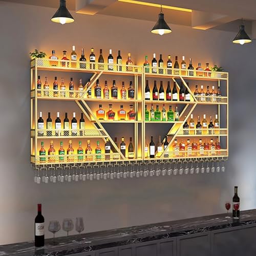 AKOGG Metall Weinregal Zur Wandmontage Mit LED-Licht,Flaschenregal Mit Glashalter,Weinflaschenhalter Mit Weinglashalter,Großes Bar Regal Wand,Weinregale Hängend(4-Layer Gold,180 * 20 * 123cm) von AKOGG