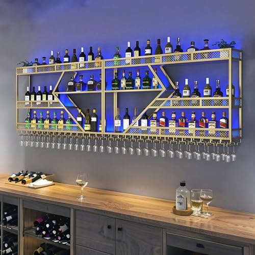 AKOGG Weinregal Zur Wandmontage Mit Glashaltern Metall Flaschenregal Weinregale Mit LED-Leuchten Gläserhalter Weinflaschenhalter Barregal Und Getränkehalter Für Weinkeller Küche(3-Layer Gold,250cm) AKOGG Weinregal Zur Wandmontage Mit Glashaltern Metall Flaschenregal Weinregale Mit LED-Leuchten Gläserhalter Weinflaschenhalter Barregal Und Getränkehalter Für Weinkeller Küche(3-Layer Gold,250cm) von AKOGG