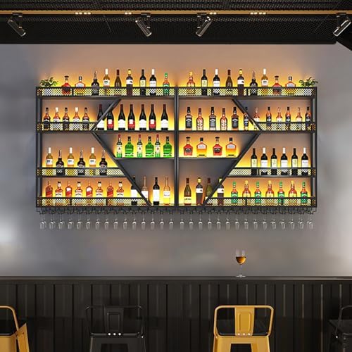 AKOGG Weinregal Zur Wandmontage Mit Glashaltern Metall Flaschenregal Weinregale Mit LED-Leuchten Gläserhalter Weinflaschenhalter Barregal Und Getränkehalter Für Weinkeller Küche(4-Layer Black,260cm) von AKOGG