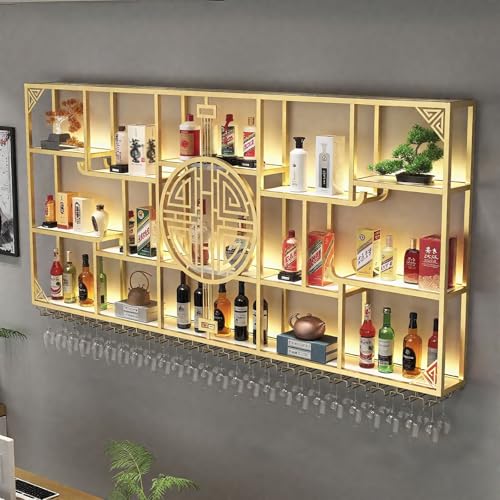 AKOGG Weinregal Zur Wandmontage Mit LED-Beleuchtung,Flaschenregal,Elegantes Wandregal Für Weinflaschen Und Gläserhalter,Metall-Flaschenhalter Ideal Für Küche,Wohnzimmer,Weinkeller(200cm(78.7in)) von AKOGG