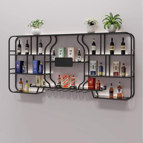 AKOGG Weinregal Zur Wandmontage Mit LED-Beleuchtung,Flaschenregal Wand,Metall-Flaschenhalter & Weinglashalter Für Küche Und Weinkeller,Stilvolles,Großes Barregal(Black,226cm(89in)) von AKOGG