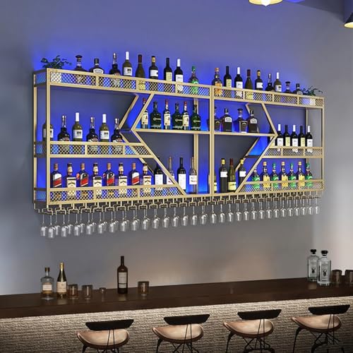 Weinregal Wand Mit LED-Licht,Flaschenregal Metall Mit Glashalter,Weinflaschenhalter Mit Weinglashalter,Großes Bar Regal Wand,Weinregale Hängend Für Küche Weinkeller(3-layer Gold,180*20*86cm) von AKOGG