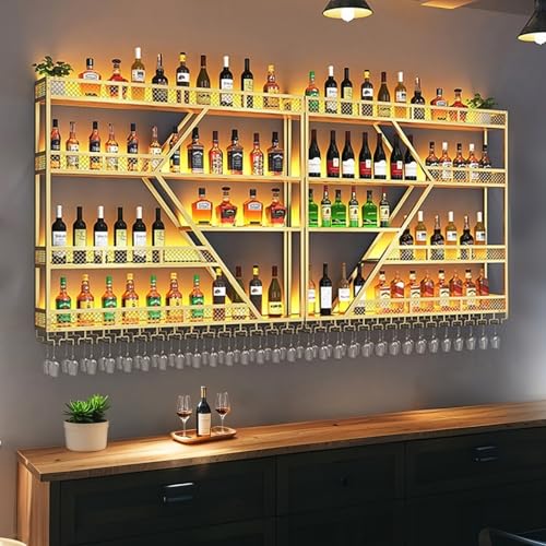 Weinregal Wand Mit LED-Licht,Flaschenregal Metall Mit Glashalter,Weinflaschenhalter Mit Weinglashalter,Großes Bar Regal Wand,Weinregale Hängend Für Küche Weinkeller(4-layer Gold,200*20*123cm) von AKOGG