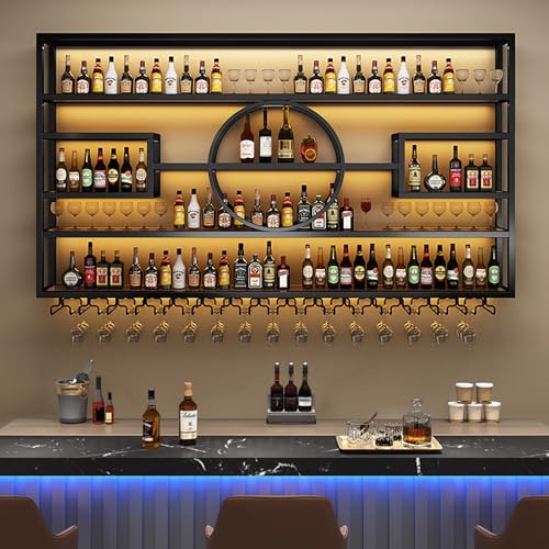 Weinregal Wand Weinregal Zur Wandmontage Mit Glashaltern Metall Flaschenregal Weinregale Gläserhalter Weinflaschenhalter Flaschenhalter Ideal Als Barregal Und Getränkehalter Für Weinkeller Küche(Black von AKOGG