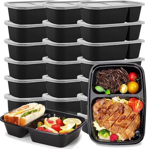 AKOLAFE 25er Pack Meal Prep Boxen 2 Fächer 1000ml Mikrowellengeschirr mit Deckel und Griff 34oz Kunststoff Meal Prep Container Wiederverwendbar Essensbox BPA-Frei Lunchbox Lufdicht für Lebensmittel von AKOLAFE