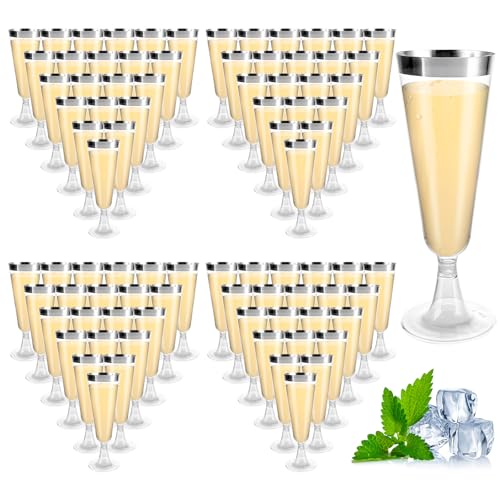 AKOLAFE 100 Stück Sektgläser 160ml Plastik Sektgläser BPA -Frei Mehrweg Transparentes Sektglas Mit Silbernem Rand Günstiger Sektkelch Stapelbare Champagnergläser für Hochzeiten, Geburtstage, Partys von AKOLAFE