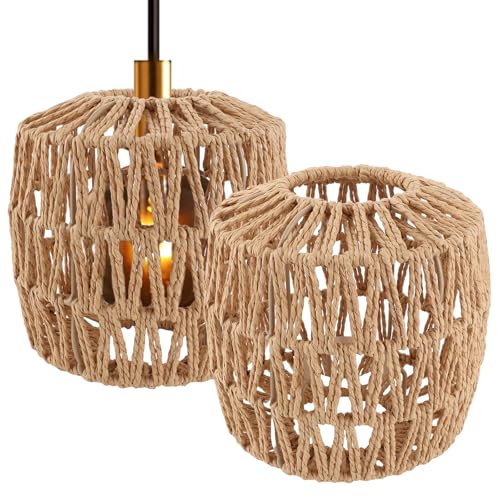 AKOLAFE 2 Stück Lampenschirm Hängelampe 16x16x6.5cm Lampenschirm Boho Rattan Papierlampenschirm Ersatzschirm Zubehör für Stehlampe, Tischlampe, Pendelleuchten, Hängelampenschirme von AKOLAFE