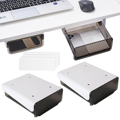 AKOLAFE 2 Stück Schublade unter Schreibtisch Schwarz Selbstklebende Schreibtisch Schublade Unterbau 20 x 17 x 7,2cm Kunststoff Schreibtischschublade Organizer für Büro Tisch Studieren Zuhause von AKOLAFE
