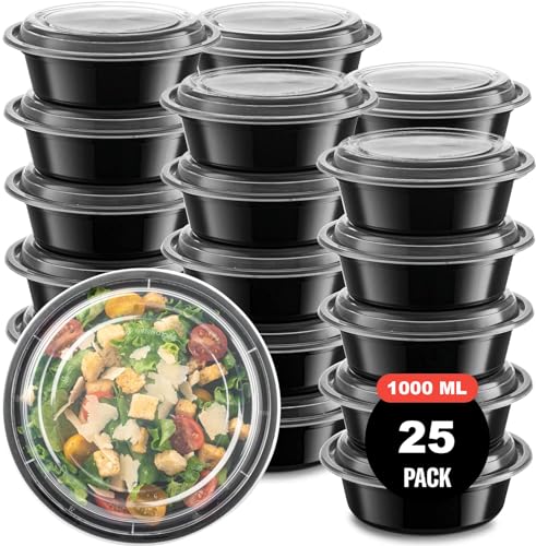 AKOLAFE 25 Stück Rund Meal Prep Container 1000ml Rund Essensbox mit Deckel Kunststoff Mikrowellengeschirr Luftdicht Lunchbox Schwarz Behälter Dicke Container Schüssel(Durchmesser 17,5cm, Höhe 6cm) von AKOLAFE