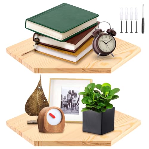 AKOLAFE 2er Set Eckregal Hängend 22 cm Breit Wandregal Holz mit Drahtloch Braun Schwerlast Schweberegale Dekoratives Wand Regal Diamantform für Küche Schlafzimmer Wohnzimmer Arbeitszimmer Aufbewahrung von AKOLAFE