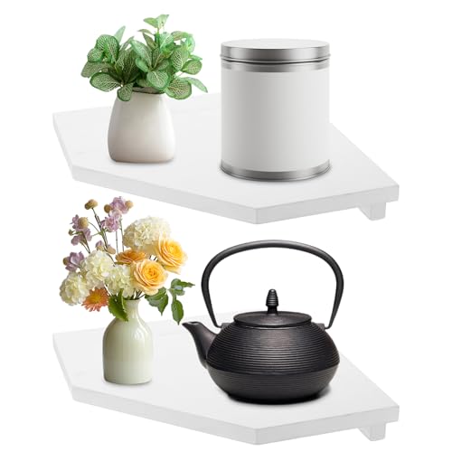 AKOLAFE 2er Set Eckregal Hängend 22 cm Breit Wandregal Holz mit Drahtloch Weiß Schwerlast Schweberegale Dekoratives Wand Regal Diamantform für Küche Schlafzimmer Wohnzimmer Arbeitszimmer Aufbewahrung von AKOLAFE