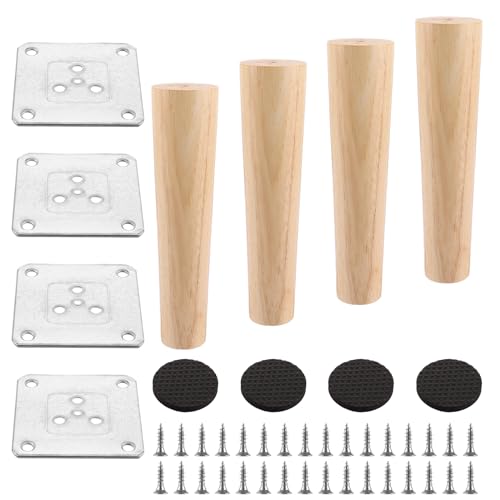 AKOLAFE 4 Stück Möbelfüße Holz 20cm - Tischbeine Eiche Robuste Möbelbeine Rund Mit Montageplatten und Schrauben - Schwerlaste Schrankfüße für Sofa, Bett, Schrank, Stuhl, Tisch von AKOLAFE