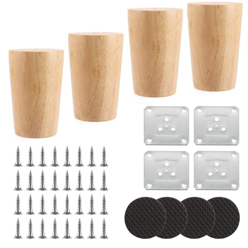 AKOLAFE 6cm Tischbeine 4 Stück Möbelfüße Holz Eiche Robuste Möbelbeine Rund Mit Montageplatten Und Schrauben Schwerlaste Schrankfüße Für Sofa, Bett, Schrank, Stuhl, Tisch von AKOLAFE