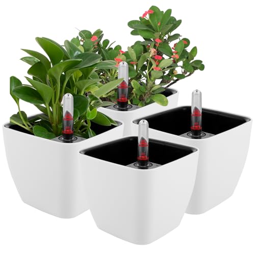 AKOLAFE 4 Stück Selbstbewässerungstopf 13x10x11cm Kräutertopf Selbstbewässernd Küche Selbstbewässerung Blumentopf mit Wasserstandsanzeiger Weiß Plastik Pflanztopf klein für Zimmerpflanzen 13x10x11cm von AKOLAFE
