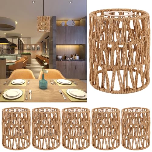 AKOLAFE 6 Stück Lampenschirm Hängelampe Boho 12x12x15cm Lampenschirm Rattan Papierlampenschirm Ersatzschirm Zubehör für Stehlampe, Tischlampe, Pendelleuchten, Hängelampenschirme von AKOLAFE