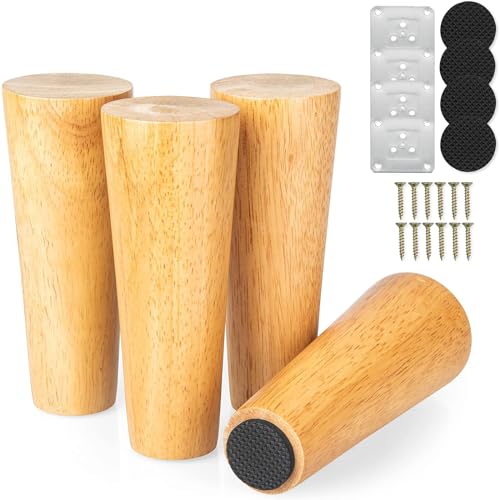 AKOLAFE 8cm Tischbeine Holz 4 Stück Möbelfüße Holz Eiche Robuste Möbelbeine Rund Holzbeine Holz mit Montageplatten und Schrauben Schwerlaste Schrankfüße Holz für Sofa, Bett, Schrank, Stuhl, Tisch von AKOLAFE