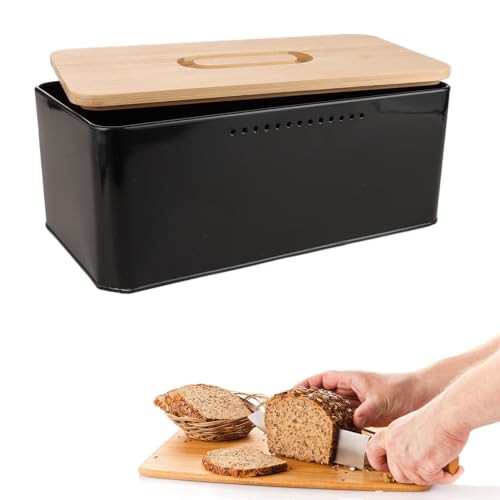 AKOLAFE Brotkästen mit Deckel, 33x21x15cm Brotbox mit Deckel aus Bambus, Brotkasten Schwarz Metall, Langlebig Brotkorb für langanhaltende Frische,Lebensmittel,Brot von AKOLAFE