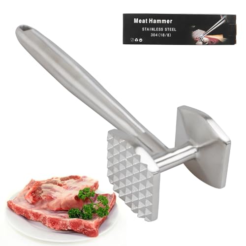 AKOLAFE Fleischklopfer Edelstahl Fleischklopfer 26cm Schnitzelklopfer Doppelseitig Fleischhammer Antihaft Meat Tenderizer Aufhängend für Steak, Huhn, Schwein, Rippchen, Spülmaschinenfest von AKOLAFE