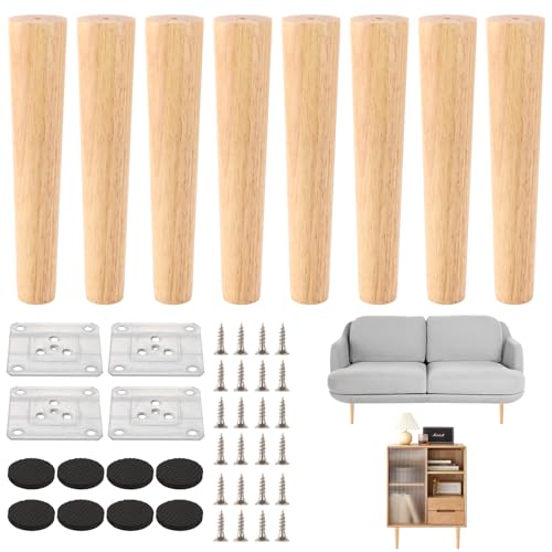 AKOLAFE 8 Stück Möbelfüße 25cm Eiche Tischbeine Rund Holz Mit Montageplatten und Schrauben Schwerlaste Schrankfüße für Sofa, Bett, Schrank, Stuhl, Tisch von AKOLAFE