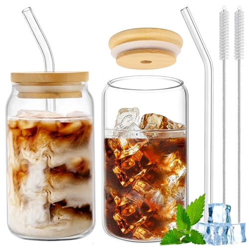 Glas Becher mit Geckel und Strohhalm, 2 Stuck Trinkbecher Set, Trinkgläser mit Strohhalm-Reinigungsbürste, 400ML Wiederverwendbar Eiskaffee Gläser, Smoothie Glas für Kaffee Bubble Tea Beer Cocktails von AKONE