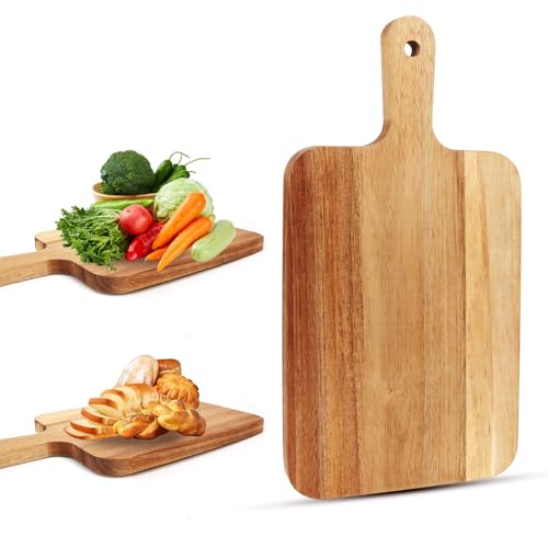 Schneidebrett Holz mit Griff, Holzbrett Küche, Holzschneidebrett, Chopping Board Wood, Servierbrett Frühstücksbrettchen Holz, Schneidebretter Akazienholz für Brotform, Käse, Steak, Pizzablech von AKONE