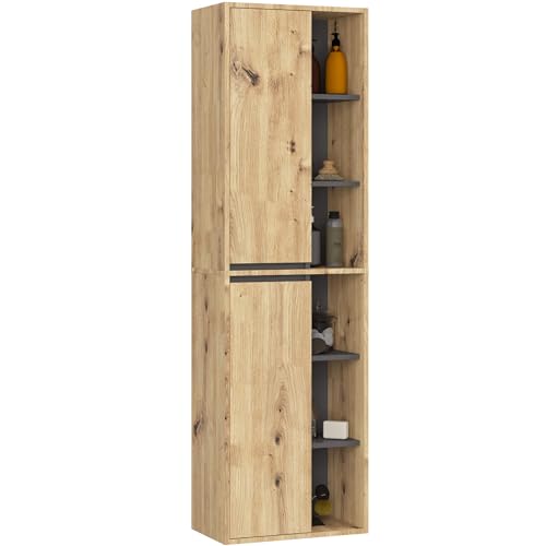 AKORD Bad-Hochschrank Hängend VAMI - 2 Türen, 10 Regalböden - Feuchtigkeitsbeständig - Laminierte Spanplatte - Badmöbel - Hoch Badschrank für Kosmetik - B50xH170xT30 cm - Artisan-Eiche & Graphitgrau von AKORD