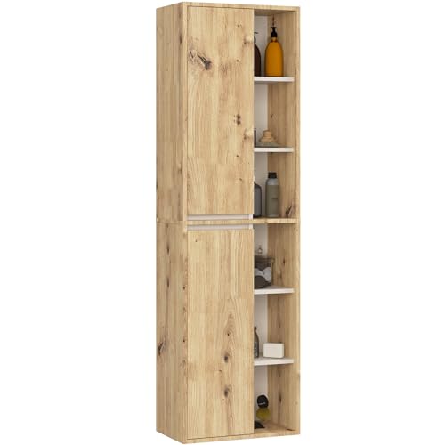 AKORD Bad-Hochschrank Hängend VAMI - 2 Türen, 10 Regalböden - Feuchtigkeitsbeständig - Laminierte Spanplatte - Badmöbel - Hoch Badschrank für Kosmetik - B50xH170xT30 cm - Artisan-Eiche & Kaschmir von AKORD