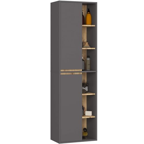 AKORD Bad-Hochschrank Hängend VAMI - 2 Türen, 10 Regalböden - Feuchtigkeitsbeständig - Laminierte Spanplatte - Badmöbel - Hoch Badschrank für Kosmetik - B50xH170xT30 cm - Graphitgrau & Artisan-Eiche von AKORD