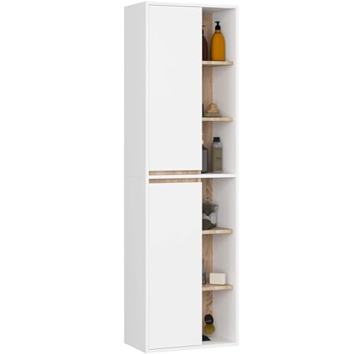 AKORD Bad-Hochschrank Hängend VAMI - 2 Türen, 10 Regalböden - Feuchtigkeitsbeständig - Laminierte Spanplatte - Badmöbel - Hoch Badschrank für Kosmetik - B50xH170xT30 cm - Weiß & Sonoma-Eiche von AKORD