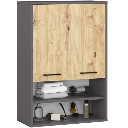 AKORD Badezimmer-Hängeschrank FIN 64 cm 2 Türen 2 Regalböden 2 offene Fächer B64xH94xT30 cm - mit Ablagen - Badschrank, Wandmontiert Gewicht 8,10kg Grafitgrau & Eiche Artisan von AKORD