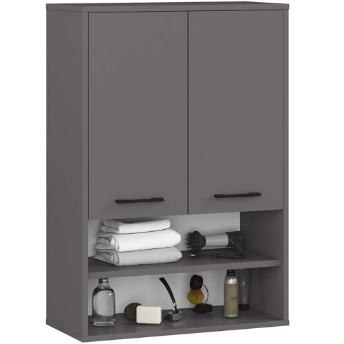 AKORD Badezimmer-Hängeschrank FIN 64 cm 2 Türen 2 Regalböden 2 offene Fächer B64xH94xT30 cm - mit Ablagen - Badschrank, Wandmontiert Gewicht 8,10kg Grafitgrau & Grafitgrau von AKORD