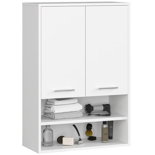AKORD Badezimmer-Hängeschrank FIN 64 cm 2 Türen 2 Regalböden 2 offene Fächer B64xH94xT30 cm - mit Ablagen - Badschrank, Wandmontiert Gewicht 8,10kg Weiß & Weiß von AKORD