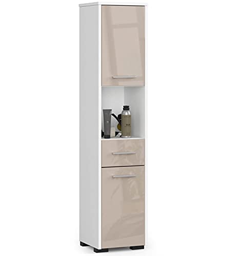 AKORD Badezimmer-Hochschrank schränke | Badezimmer Kommode B30 x H140 x T30 cm, Gewicht 25 kg | 2 Ablagen mit Türen | 1 Schublade, 1 offenes Fach | Hängeschrank Weiß & Cappuccino-Glänzend von AKORD