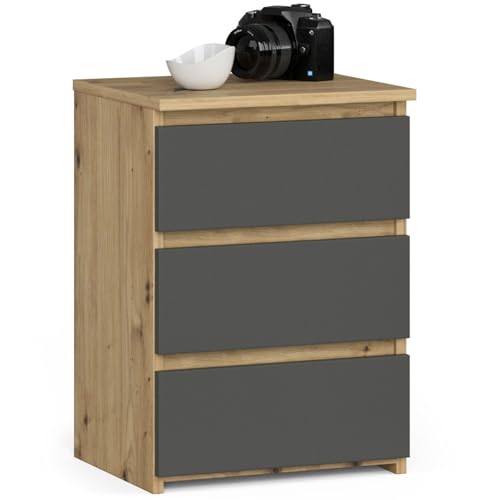 AKORD | Nachttisch Kommode CL-3 mit 3 Schubladen | für das Wohnzimmer Schlafzimmer Schrank Büro Arbeitszimmer | B40 x H57 x T35 cm, Gewicht 26 kg | Artisan Eiche & Graphitgrau Front von AKORD