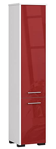 AKORD Badezimmer-Hochschrank schränke | Badezimmer kommode | FIN 2D 2 Türen (je Oben und unten) | B30 x H140 x T30 cm | Gewicht 25 kg | Hängeschrank für Wandmontage | Weißer & Roter Glanz Front von AKORD
